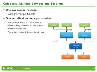 Caldecott - Multiple Services and Sessions

§  One vcc server instance
 •  Manages multiple tunnels
§  One vcc client instance per service
 •  Multiple local apps may share a
   client if they connect to the same
   remote server:port
 •  Each listens on different local port




                                             19
 