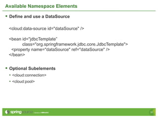 Available Namespace Elements

§  Define and use a DataSource

 <cloud:data-source id="dataSource" />

 <bean id="jdbcTemp...