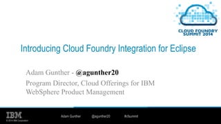 © 2014 IBM Corporation
Introducing Cloud Foundry Integration for Eclipse
Adam Gunther - @agunther20
Program Director, Cloud Offerings for IBM
WebSphere Product Management
Adam Gunther @agunther20 #cfsummit
 