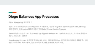 Diego Balances App 做什麼用？
使用 GO 語言所編寫的Auction Algorithm 與平衡機制，可以讓Diego Cell 提供的執行資源（CPU, Memory）
被有效利用。透過Auction 機制決定如何執行Tasks 與 Long-Running Processes。
Tasks 指的是一次性的工作，像是Staged App, Upgrade Database, etc... Job 如果執行失敗，將不會被重新分派
執行，真的只做一次喔！
Long-Running Processes 就是常常看到的LRP，表示一個持續性的App，運作時可以同時建立多個實體，分別
跑在不同的VM、實體 Server、甚至不同的區域，藉此平衡負載與高可用性。
Diego Balances App Processes
 
