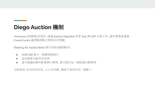 Auctioneer (排賣師) 的責任：透過Auction Algorithm 掌管 Task 與 LRP 分派工作，運作實需要透過
Consul/Locket 處理個節點之間的同步問題。
Ordering the Auction Batch 實行原則 (競標順序)
● 每個 LRP 最少一個實例被執行
● 每次都會分配所有任務
● 盡可能讓每個VM 都執行實例，盡可能在每一個區域分散實例
分配原則：先求有再求好、人人有功練、雞蛋不要放在同一個籃子
Diego Auction 機制
 