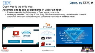 Open way is the only way! 
Automate end to end deployments in under an hour ! 
• Previous example signify the power of Open source community 
• Leveraging tools like Chef, Fog, BOSH, Ruby ERB from the community can help create powerful 
automation which can be repeatedly and consistently replicated in under an hour! 
BOSH 
RUBY 
19 © 2014 IBM Corporation 
 