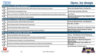 IBM Sessions on Monday, November 3rd 
15:20 
IBM Technical Sessions 
29 © 2014 IBM Corporation 
R.251 
When Disaster Strikes the Cloud: Who, What, When, Where and How to recover Ronen Kat, Michael Factor, and Red Hat 
11:40 
A.Blue 
IPv6 Features in OpenStack Juno Xu Han Peng, Comcast, and Cisco 
15:20 
R252 
Why is my Volume in 'ERROR' State!?! An Introduction to Troubleshooting Your Cinder Configuration Jay Bryant 
16:20 
A.Blue 
Group Based Policy Extension for Networking 
Mohammad Banikazemi, Cisco, Midokura, and 
One Convergence 
IBM Sessions on Tuesday. November 4th 
11:15 
R252 
The perfect match: Apache Spark meets Swift. Gil Vernik, Michael Factor, and Databricks 
15:40 
R242 
Docker Meets Swift: A Broadcaster's Experience 
Eran Rom, and RAI 
16:40 
Maillot 
User Group Panel: India, Japan, China Ying Chun Guo, Guang Ya Liu, Qiang Guo Tong 
14:50 
Passe 
A Practical Approach to Dockerizing OpenStack High Availability 
Manuel Silveyra, Shaun Murakami, Kalonji 
Bankole, Daniel Krook 
IBM Sessions on Wednesday, November 5th 
09:00 
R241 
Monasca DeepDive: Monitoring at scale Tong Li , Rob Basham, HP and Rackspace 
09:00 
R242 
Beyond 86: Managing multi-platform environments with OpenStack Shaun Murakami, Philip Estes 
09:50 
R253 
Troubleshooting Problems in Heat Deployments 
Fabio Oliveira,Ton Ngo,Priya Nagpurkar, 
Winnie Tsang 
11:50 
R251 
Keystone to Keystone Federation Enhancements for Hybrid Cloud Enablement 
Steve Martinelli, Brad Topol, CERN, and 
Rackspace 
17:50 
R253 
Practical advice on deployment and management of enterprise workloads Jarek Miszczyk, Venkata Jagana 
 