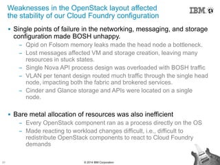 20 © 2014 IBM Corporation
Weaknesses in the OpenStack layout affected
the stability of our Cloud Foundry configuration
 Single points of failure in the networking, messaging, and storage
configuration made BOSH unhappy.
‒ Qpid on Folsom memory leaks made the head node a bottleneck.
‒ Lost messages affected VM and storage creation, leaving many
resources in stuck states.
‒ Single Nova API process design was overloaded with BOSH traffic
‒ VLAN per tenant design routed much traffic through the single head
node, impacting both the fabric and brokered services.
‒ Cinder and Glance storage and APIs were located on a single
node.
 Bare metal allocation of resources was also inefficient
‒ Every OpenStack component ran as a process directly on the OS
‒ Made reacting to workload changes difficult, i.e., difficult to
redistribute OpenStack components to react to Cloud Foundry
demands
 