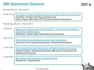 30 © 2014 IBM Corporation
Monday, May 12 – Room B314
12:05-12:45
Wednesday, May 14 - Room B312
9:00-9:40
9:50-10:30
11:00-11:40
11:50-12:30
OpenStack is Rockin‟ the OpenCloud Movement! Who„s Next to Join the Band ?
Angel Diaz, VP Open Technology and Cloud Labs
David Lindquist, IBM Fellow, VP, CTO Cloud & Smarter Infrastructure
Getting from enterprise ready to enterprise bliss - why OpenStack and IBM is a
match made in Cloud heaven.
Todd Moore - Director, Open Technologies and Partnerships
Taking OpenStack beyond Infrastructure with IBM SmartCloud Orchestrator.
Andrew Trossman - Distinguished Engineer, IBM Common Cloud Stack and
SmartCloud Orchestrator
IBM, SoftLayer and OpenStack - present and future
Michael Fork - Cloud Architect
IBM and OpenStack: Enabling Enterprise Cloud Solutions Now.
Tammy Van Hove -Distinguished Engineer, Software Defined Systems
IBM Sponsored Sessions
 