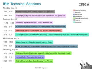 31 © 2014 IBM Corporation
Monday, May 12
3:40 - 4:20
3:40 - 4:20
Tuesday, May 13
11:15 - 11:55
2:00 - 2:40
5:30 - 6:10
5:30 - 6:10
Wednesday, May14
9:50 - 10:30
2:40 - 3:20
Thursday, May 15
9:50 - 10:30
1:30 - 2:10
2:20 - 3:00
IBM Technical Sessions
 