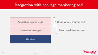 Copyrig ht © 2017 Yahoo Japan Corporation. All Rig hts Reserved.
Integration with package monitoring tool
52
Application Source Code
Dependent packages
Runtime
Scan package version
Scan whole source code
 