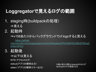 Loggregatorで見えるログの範囲
1. staging時(buildpackの処理）
⇒見える
2. 起動時
⇒v156あたりからバックグラウンドでcf logsすると見える
https://github.
com/cloudfoundry/loggregator/commit/40aabec67fd1fa59322396c8792ca2
a76d10f1b3
3. 起動後
⇒以下は見える
RTR（アクセスログ）
stdout(アプリの標準出力）
stderr（アプリの標準エラー出力）
※載せ替えの際はstagingのみならず
startingのログが重要となる
 