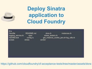 $ ls
Gemfile README.md dora.rb instances.rb
logging_service.rb spec stress_testers.rb
Gemfile.lock config.ru get_instance_cookie_jars.sh log_utils.rb
scripts stress vendor
https://github.com/cloudfoundry/cf-acceptance-tests/tree/master/assets/dora
Deploy Sinatra
application to
Cloud Foundry
 
