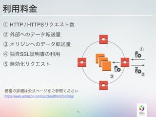 10
利用料金
①
②
③
① HTTP / HTTPSリクエスト数
② 外部へのデータ転送量
③ オリジンへのデータ転送量
④ 独自SSL証明書の利用
⑤ 無効化リクエスト
価格の詳細は公式ページをご参照ください
https://aws.amazon.com/jp/cloudfront/pricing/
 