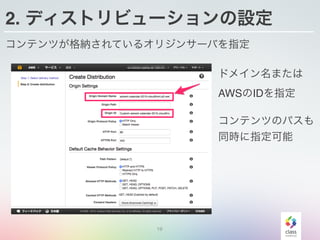 19
2. ディストリビューションの設定
ドメイン名または
AWSのIDを指定
コンテンツが格納されているオリジンサーバを指定
コンテンツのパスも
同時に指定可能
 