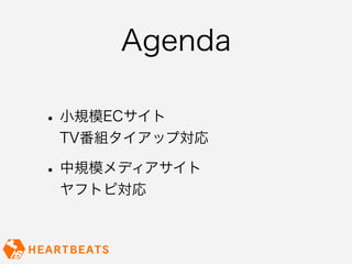 Agenda

• 小規模ECサイト
 TV番組タイアップ対応

• 中規模メディアサイト
 ヤフトピ対応
 