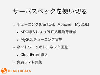 サーバスペックを使い切る

• チューニング(CentOS、Apache、MySQL)
 • APC導入によりPHP処理負荷軽減
 • MySQLチューニング実施
• ネットワークボトルネック回避
 • CloudFront導入
• 負荷テスト実施
 