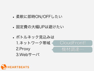 • 柔軟に即時ON/OFFしたい
• 固定費の大幅UPは避けたい
• ボトルネック見込みは
 1.ネットワーク帯域    CloudFront!
 2.Proxy        機材調達…
 3.Webサーバ
 