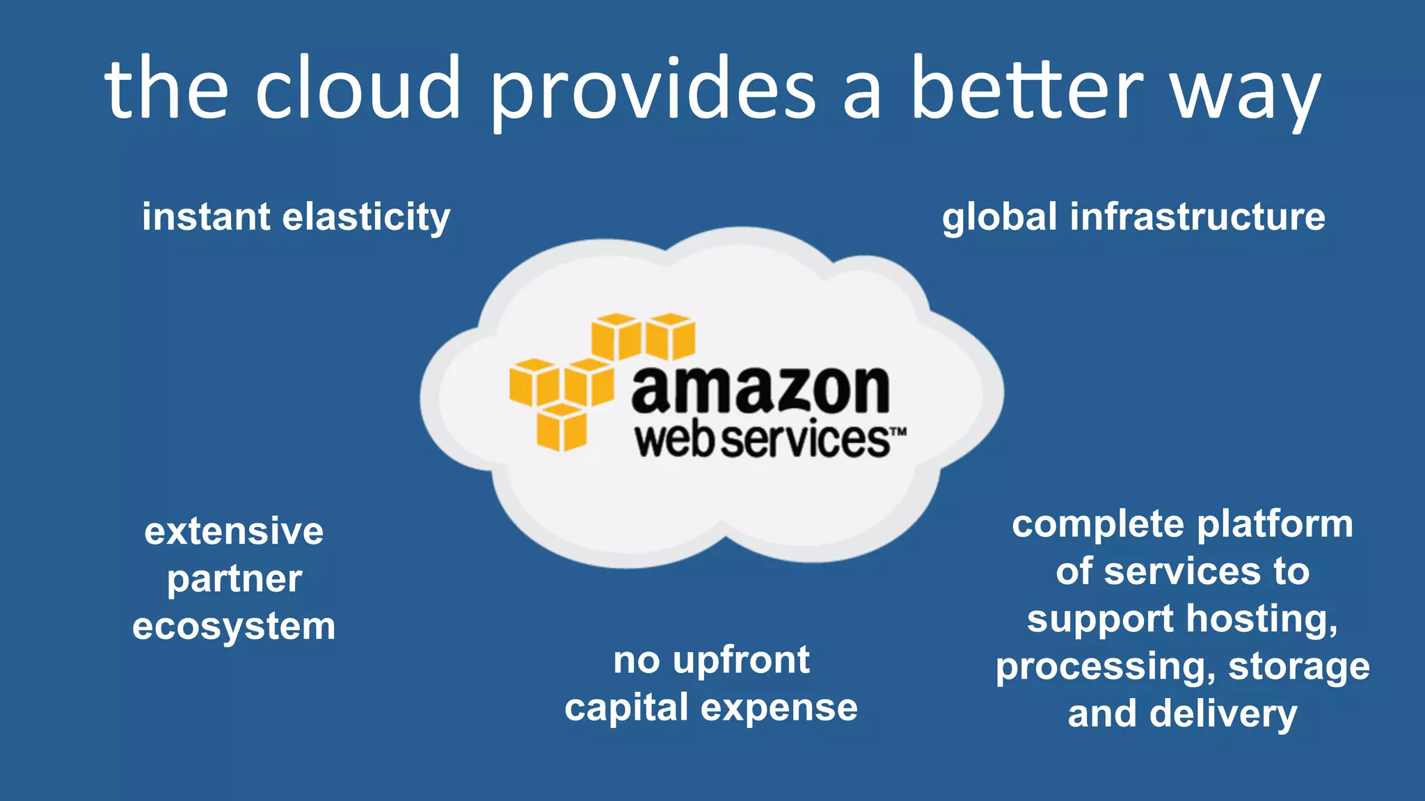 the	
  cloud	
  provides	
  a	
  beHer	
  way	
  
instant elasticity
no upfront
capital expense
extensive
partner
ecosystem
complete platform
of services to
support hosting,
processing, storage
and delivery
global infrastructure
 