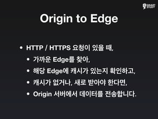 Origin to Edge
•HTTP / HTTPS 요청이 있을 때,
•가까운 Edge를 찾아,
•해당 Edge에 캐시가 있는지 확인하고,
•캐시가 없거나, 새로 받아야 한다면,
•Origin 서버에서 데이터를 전송합니다.
 