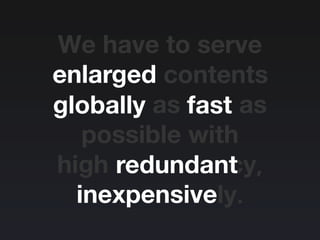 We have to serve
enlarged contents
globally as fast as
possible with
high redundancy,
inexpensively.
enlarged
globally fast
redundant
inexpensive
 