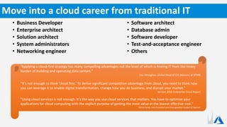 • Business Developer
• Enterprise architect
• Solution architect
• System administrators
• Networking engineer
“Applying a cloud-first strategy has many compelling advantages not the least of which is freeing IT from the heavy
burden of building and operating data centers.”
Lisa Heneghan, Global Head of CIO Advisory at KPMG
“It’s not enough to think ‘cloud first.’ To derive significant competitive advantage from cloud, you need to think how
you can leverage it to enable digital transformation, change how you do business, and disrupt your market.”
Verizon 2016 Enterprise Cloud Report
“Using cloud services is not enough. It’s the way you use cloud services that matters. You have to optimize your
applications for cloud computing with the explicit purpose of getting the most value at the lowest effective cost.”
Donna Scott, Vice President and Distinguished Analyst at Gartner
Move into a cloud career from traditional IT
• Software architect
• Database admin
• Software developer
• Test-and-acceptance engineer
• Others
 
