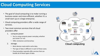 • The goal of cloud computing is to make running a
business easier and more efficient, whether it's a
small start-up or a large enterprise.
• Cloud computing providers offer a wide range of
services.
• Two most common services that all cloud
providers offer
1. compute power
• You're using compute power everyday, whether
you know it or not.
• VMS, Containers and Serverless
2. storage.
• Most devices read and/or write data.
• The type of data is different in each of these cases.
• Cloud providers typically offer services that can
handle all of these types of data.
Cloud Computing Services
 
