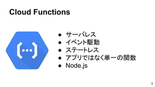 Cloud Functions
5
● サーバレス
● イベント駆動
● ステートレス
● アプリではなく単一の関数
● Node.js
 
