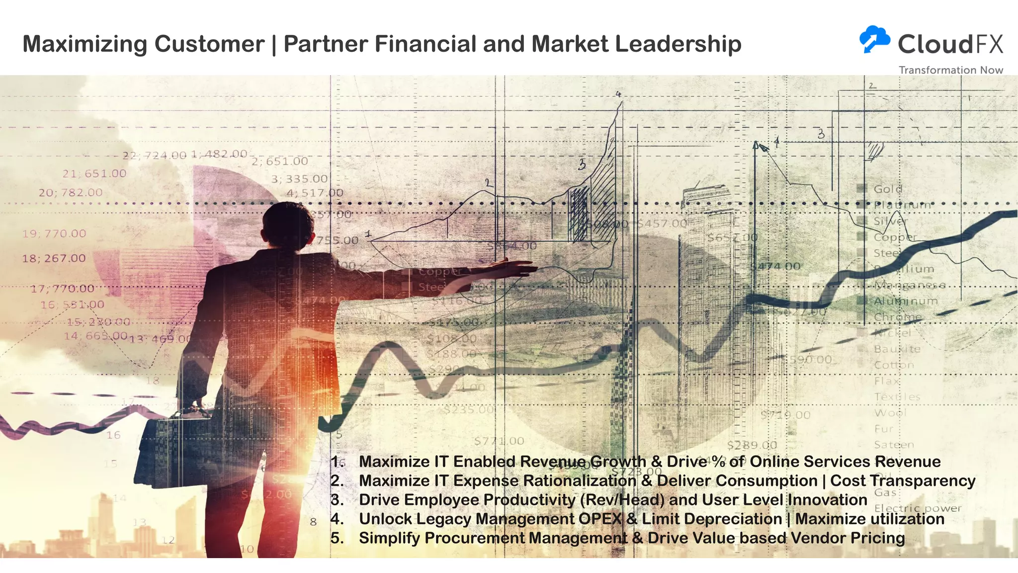 Maximizing Customer | Partner Financial and Market Leadership
1. Maximize IT Enabled Revenue Growth & Drive % of Online Services Revenue
2. Maximize IT Expense Rationalization & Deliver Consumption | Cost Transparency
3. Drive Employee Productivity (Rev/Head) and User Level Innovation
4. Unlock Legacy Management OPEX & Limit Depreciation | Maximize utilization
5. Simplify Procurement Management & Drive Value based Vendor Pricing
 