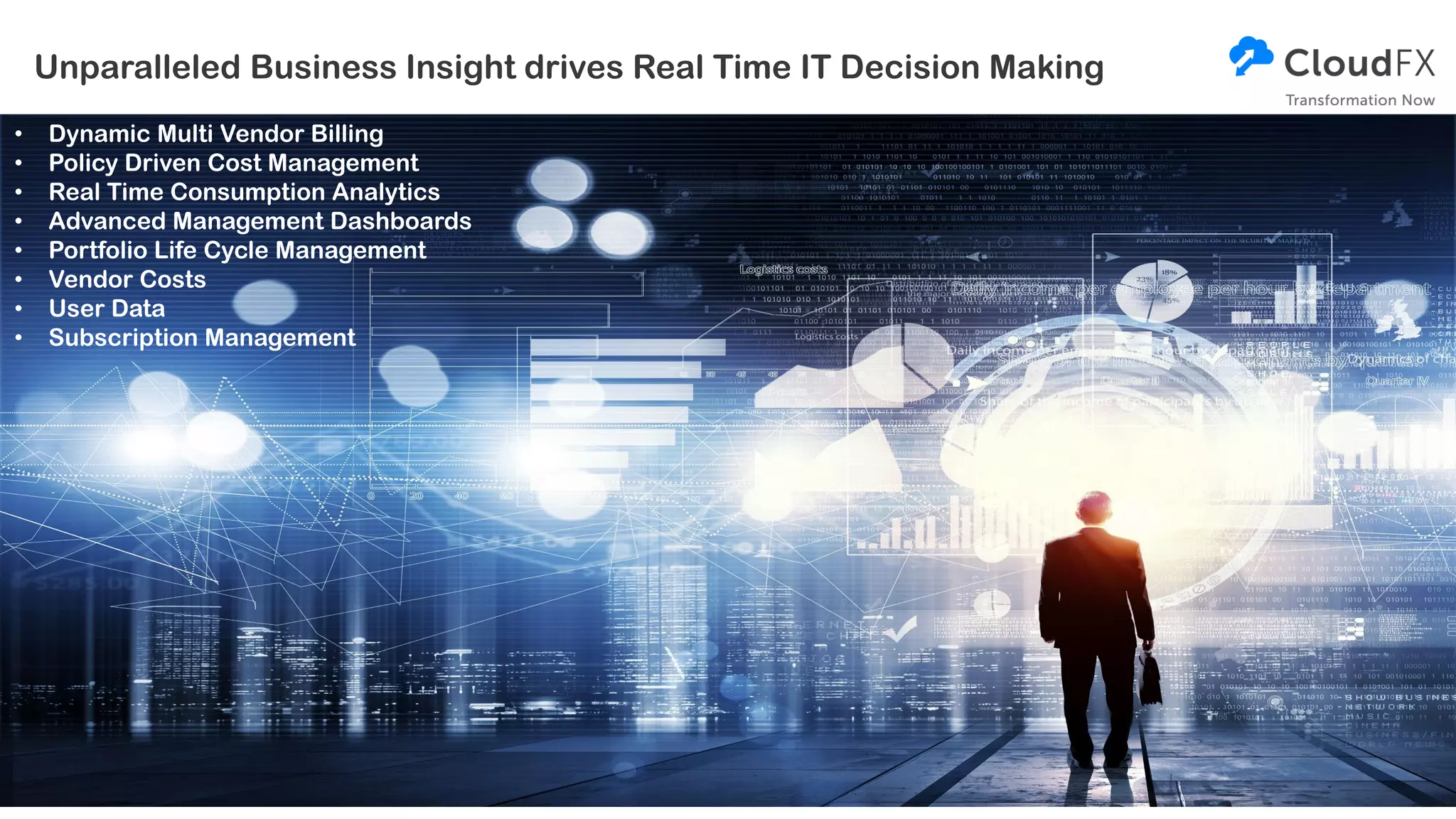 Unparalleled Business Insight drives Real Time IT Decision Making
• Dynamic Multi Vendor Billing
• Policy Driven Cost Management
• Real Time Consumption Analytics
• Advanced Management Dashboards
• Portfolio Life Cycle Management
• Vendor Costs
• User Data
• Subscription Management
 