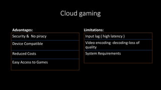 Cloud gaming
Advantages:
Security & No piracy
Device Compatible
Reduced Costs
Easy Access to Games
Limitations:
Input lag ( high latency )
Video encoding -decoding-loss of
quality
System Requirements
 