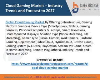 databridgemarketresearch.com US : +1-888-387-2818 UK : +44-161-394-0625 sales@databridgemarketresearch.com
1
Cloud Gaming Market – Industry
Trends and Forecast to 2027
Global Cloud Gaming Market By Offering (Infrastructure, Gaming
Platform Services), Device Type (Smartphones, Tablets, Gaming
Consoles, Personal Computers & Laptops, Smart Televisions,
Head-Mounted Displays), Solution Type (Video Streaming, File
Streaming), Gamer Type (Casual Gamers, Avid Gamers, Hardcore
Gamers), Deployment (Public Cloud, Hybrid Cloud, Private Cloud),
Gaming System (G-Cluster, PlayStation, Stream My Game, Steam
in Home Streaming, Remote Play, Others), Industry Trends and
Forecast to 2027
Browse Full Report:
https://www.databridgemarketresearch.com/reports/gl
obal-cloud-gaming-market
 