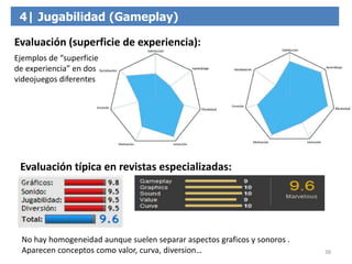38
4| Jugabilidad (Gameplay)
Ejemplos de “superficie
de experiencia” en dos
videojuegos diferentes
Evaluación (superficie ...