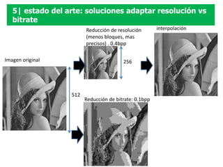 5| estado del arte: soluciones adaptar resolución vs
bitrate
Reducción de bitrate: 0.1bpp
Reducción de resolución
(menos b...