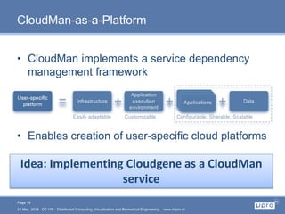 Page 16
21 May, 2014 DC VIS - Distributed Computing, Visualization and Biomedical Engineering www.mipro.hr
CloudMan-as-a-Platform
• CloudMan implements a service dependency
management framework
• Enables creation of user-specific cloud platforms
Idea: Implementing Cloudgene as a CloudMan
service
 