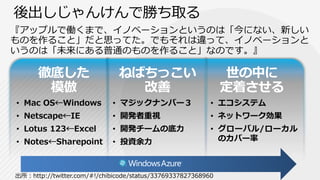 徹底した                    ねばちっこい                          世の中に
       模倣                       改善                            定着させる
• Mac OS←Windows             • マジックナンバー３                  • エコシステム
• Netscape←IE                • 開発者重視                      • ネットワーク効果
• Lotus 123←Excel            • 開発チームの底力                   • グローバル/ローカル
• Notes←Sharepoint           • 投資余力                         のカバー率



出所：http://twitter.com/#!/chibicode/status/33769337827368960
 