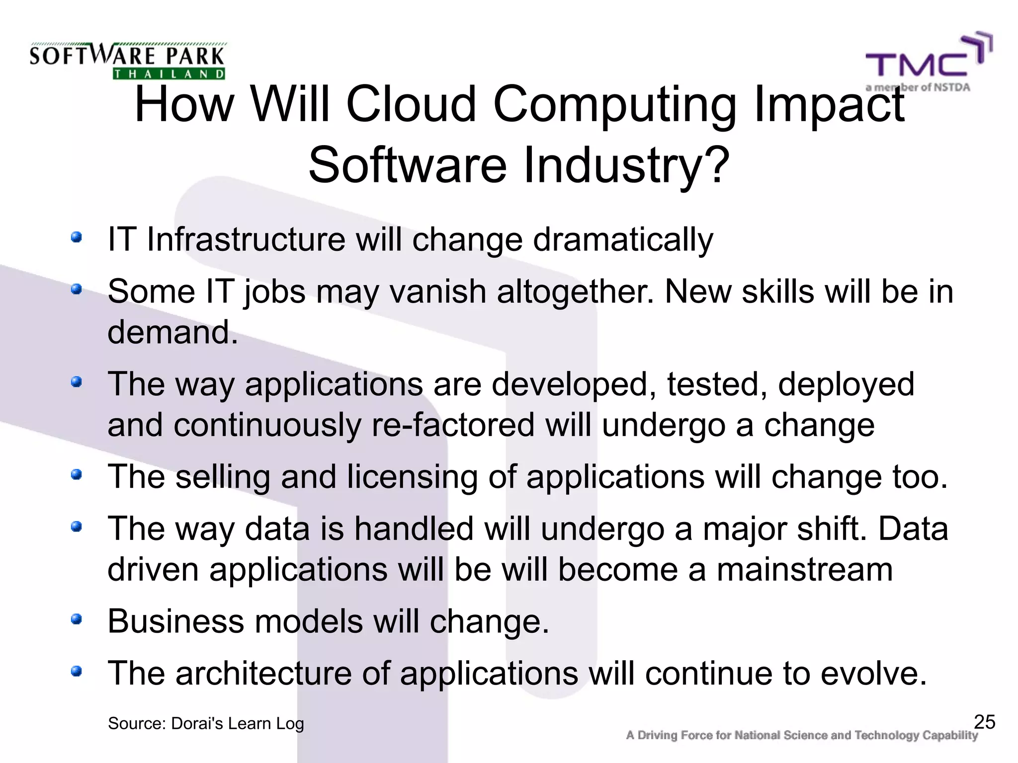 How Will Cloud Computing Impact
         Software Industry?
IT Infrastructure will change dramatically
Some IT jobs may vanish altogether. New skills will be in
demand.
The way applications are developed, tested, deployed
and continuously re-factored will undergo a change
The selling and licensing of applications will change too.
The way data is handled will undergo a major shift. Data
driven applications will be will become a mainstream
Business models will change.
The architecture of applications will continue to evolve.
Source: Dorai's Learn Log                                    25
 