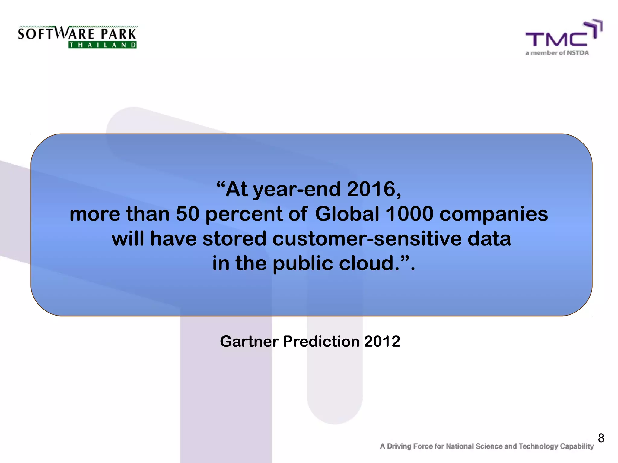 “At year-end 2016,
more than 50 percent of Global 1000 companies
   will have stored customer-sensitive data
              in the public cloud.”.


              Gartner Prediction 2012




                                                8
 