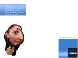 Martina
   Data-Mining-Beratung
   Große Datenmengen
   Meist Batch-Verarbeitung
   Nutzung von IaaS




                               Volumen nicht planbar, aber konstant
 
