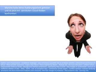 Martina hatte keine Auklärungsarbeit geleistet
     und ist jetzt mit sämtlichen Cloud-Risiken
     konfrontiert




Lock-in - Loss of governance - Compliance challenges - Loss of business reputation due to co-tenant activities - Cloud service termination or
failure - Cloud provider acquisition - Supply chain failure - Social engineering attacks - Backups lost - Resource exhaustion - Isolation failure -
Cloud provider malicious insider - Management interface compromise - Intercepting data in transit - Data leakage on up/download - Insecure or
ineffective deletion of data - DDoS - EDOS - Loss of encryption keys - Compromise service engine - Conflicts between customer hardening
procedures and cloud environment Subpoena and e-discovery - Risk from changes of jurisdiction - Data protection risks - Licensing risks
 