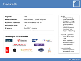 Proventa AG



 Gegründet             1992                                Services
                                                           • Strategieberatung
 Fachschwerpunkt       Beratungshaus + System-Integrator   • Projektmanagement
                                                           • Konzeption & Design
 Branchenschwerpunkt   Telekommunikation und ISP           • Prozessmanagement
                                                           • Systemintegration
 Anzahl Mitarbeiter    110                                 • Architektur
 Erfahrung             Über 700 IT-Projekte                • Datenmanagement
                                                           • Technische Tests
                                                           • Support und Wartung

                                                           Corporate Applications
 Technologien und Plattformen                              • Order-Management
                                                           • CRM
                                                           • Billing and Rating
                                                           • Business Intelligence
                                                           • Data Governance

                                                           Interactive Media
                                                           • Internet Applications
                                                           • Mobile Applications




                                                                         PROVENTA AG
 