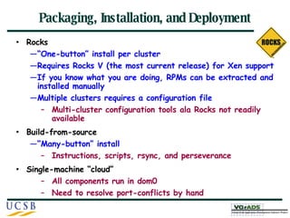 Packaging, Installation, and Deployment Rocks “ One-button” install per cluster Requires Rocks V (the most current release) for Xen support If you know what you are doing, RPMs can be extracted and installed manually Multiple clusters requires a configuration file Multi-cluster configuration tools ala Rocks not readily available Build-from-source “ Many-button” install Instructions, scripts, rsync, and perseverance Single-machine “cloud” All components run in dom0 Need to resolve port-conflicts by hand 