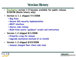 Version History Eucalyptus  version 1.0 became available for public release 5/28/08 (Rocks binary only) Version is 1.1 shipped 7/1/2008 Bug fixes Decent WS-security implementation REST interface Source code release Build-from source “guidance” scripts and instructions Version 1.2 shipped 8/1/2008 Primarily a bug-fix release Upgrade mechanism (instead of re-install) Version 1.3 shipped 8/23/2008 Amazon changed their client-side tools 