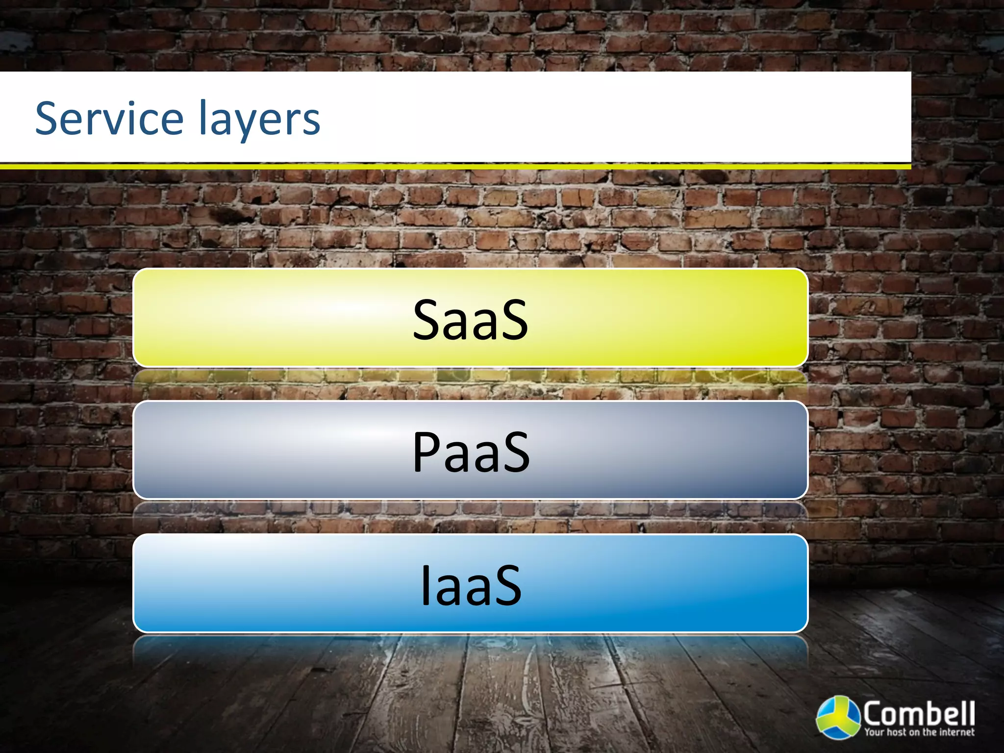 Service	
  layers


                    SaaS

                    PaaS

                    IaaS
 