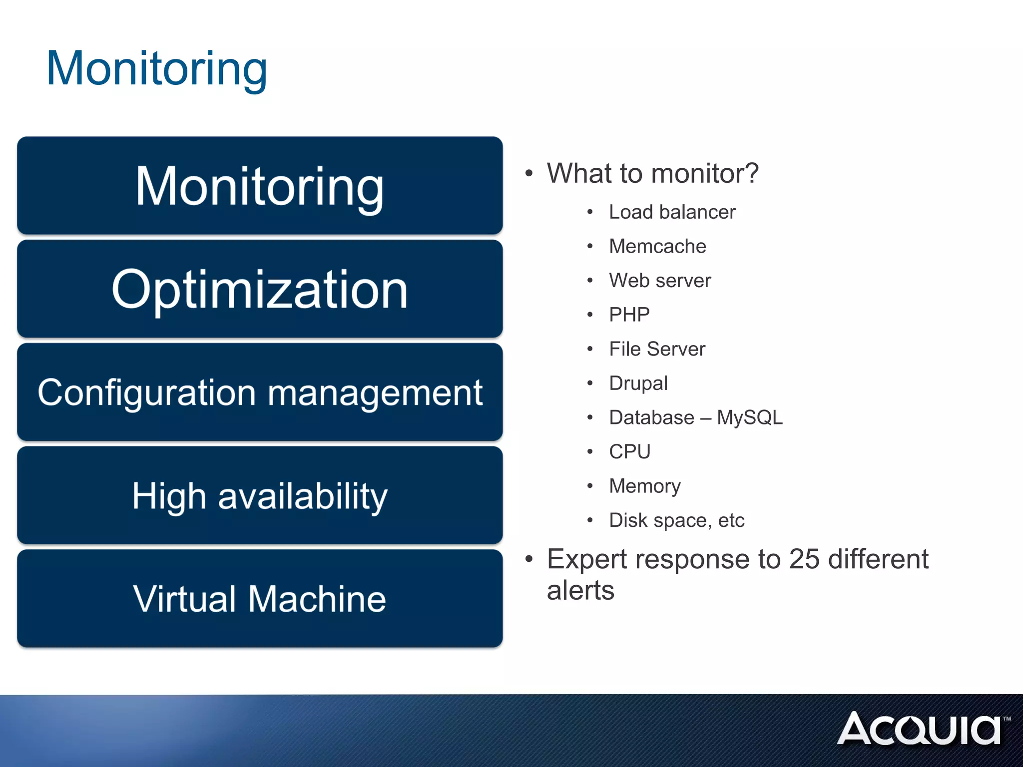 Monitoring

             • What to monitor?
                  • Load balancer
                  • Memcache
                  • Web server
                  • PHP
                  • File Server
                  • Drupal
                  • Database – MySQL
                  • CPU
                  • Memory
                  • Disk space, etc

             • Expert response to 25 different
               alerts
 