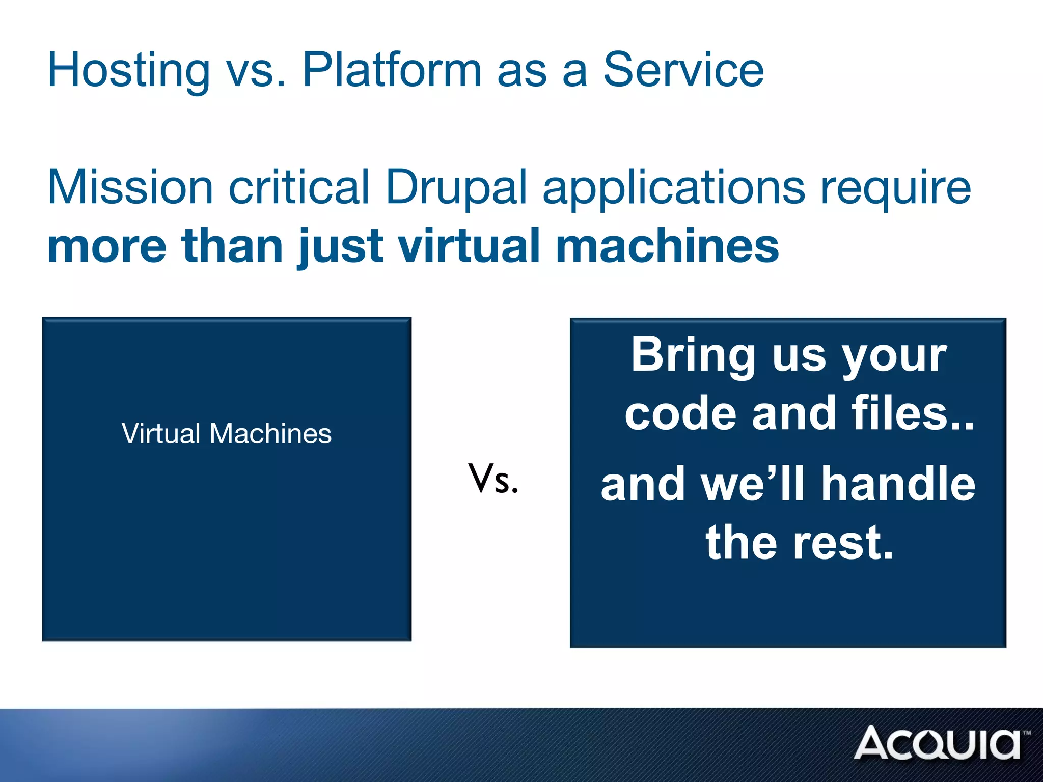 Hosting vs. Platform as a Service

Mission critical Drupal applications require
more than just virtual machines

                             Bring us your
   Virtual Machines          code and files..
                      Vs.   and we’ll handle
                                the rest.
 