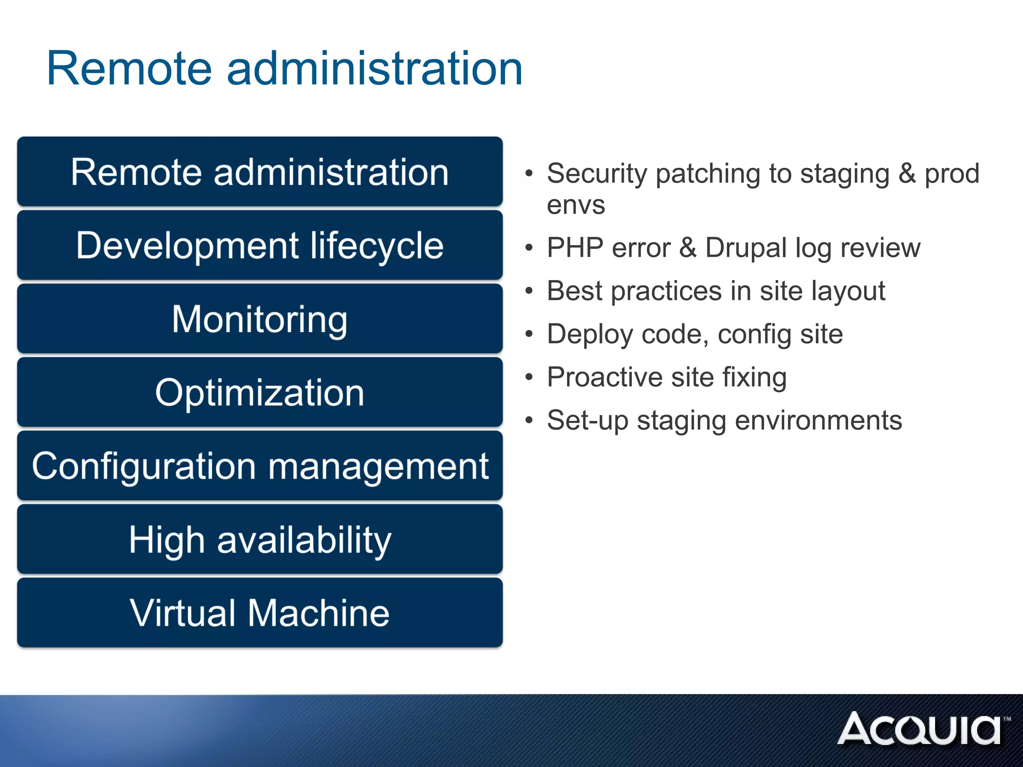 Remote administration

                    • Security patching to staging & prod
                      envs
                    • PHP error & Drupal log review
                    • Best practices in site layout
                    • Deploy code, config site
                    • Proactive site fixing
                    • Set-up staging environments
 
