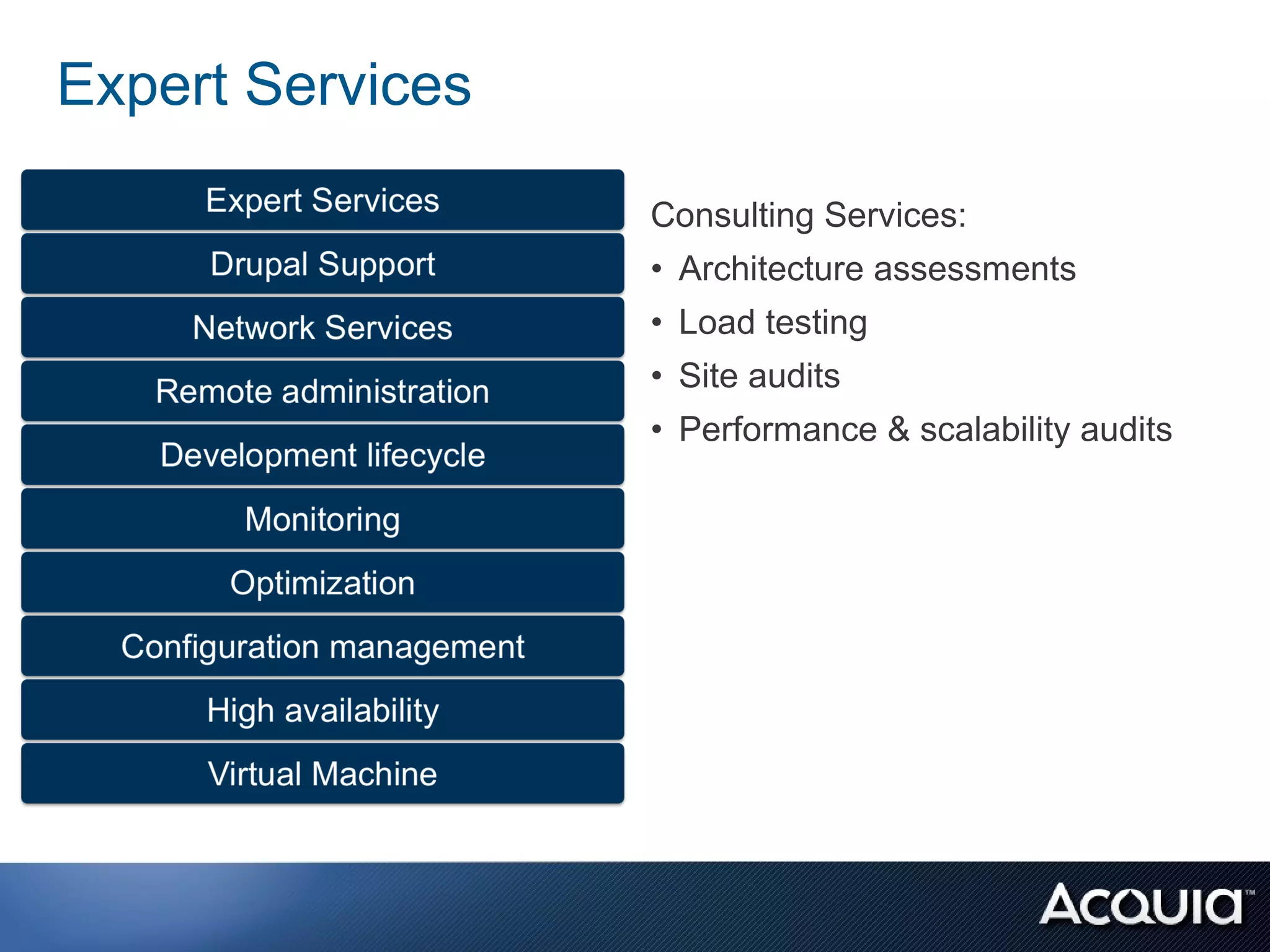 Expert Services

                  Consulting Services:
                  • Architecture assessments
                  • Load testing
                  • Site audits
                  • Performance & scalability audits
 