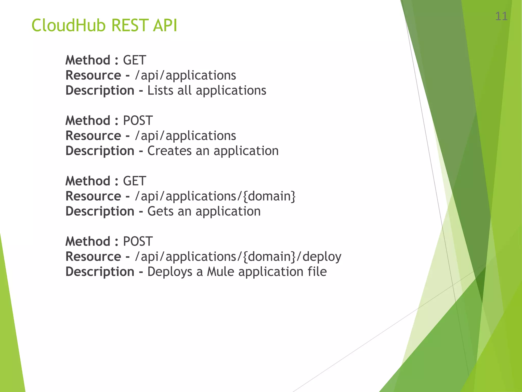 CloudHub REST API
Method : GET
Resource - /api/applications
Description - Lists all applications
Method : POST
Resource - /api/applications
Description - Creates an application
Method : GET
Resource - /api/applications/{domain}
Description - Gets an application
Method : POST
Resource - /api/applications/{domain}/deploy
Description - Deploys a Mule application file
11
 