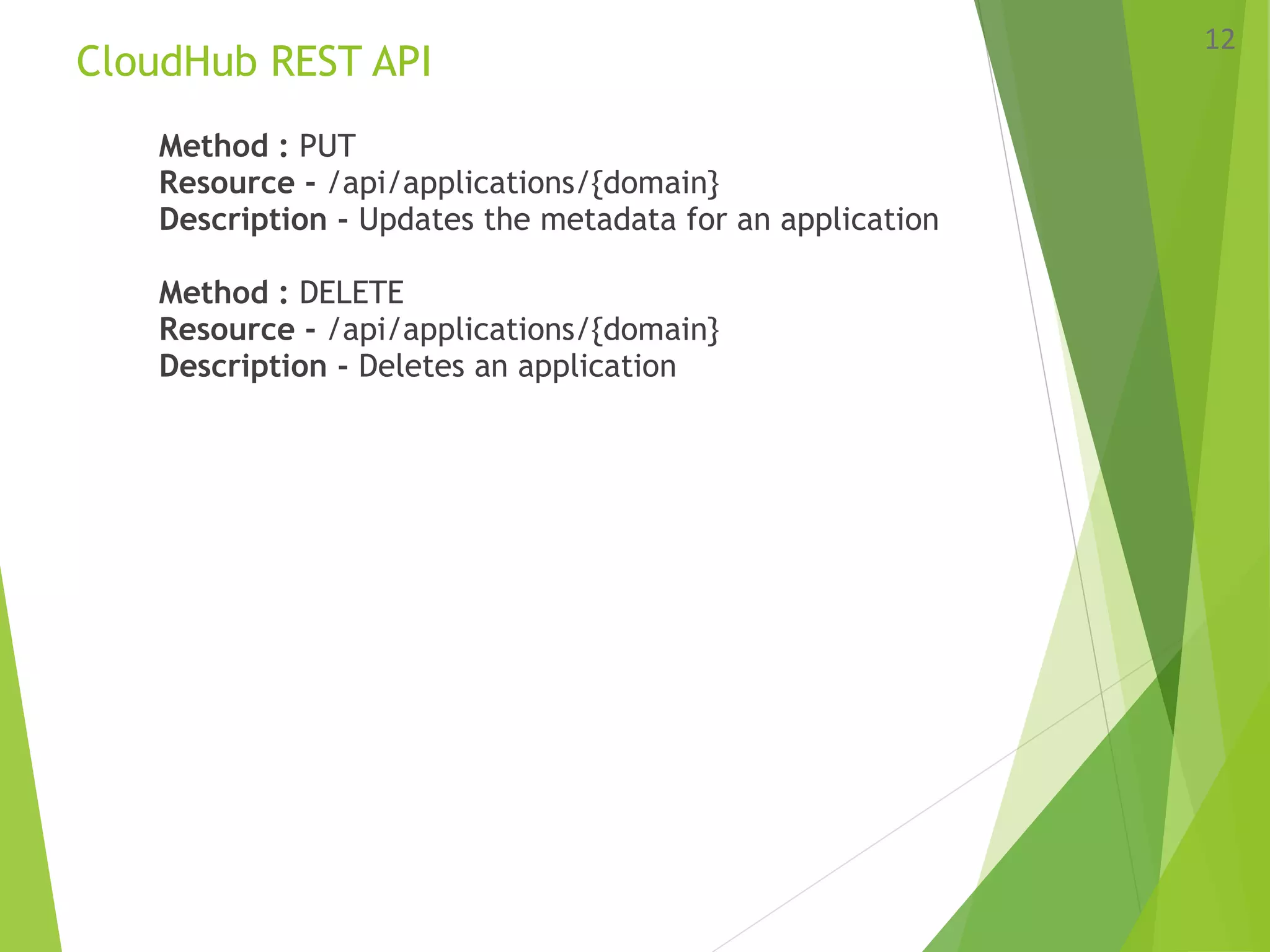 CloudHub REST API
Method : PUT
Resource - /api/applications/{domain}
Description - Updates the metadata for an application
Method : DELETE
Resource - /api/applications/{domain}
Description - Deletes an application
12
 
