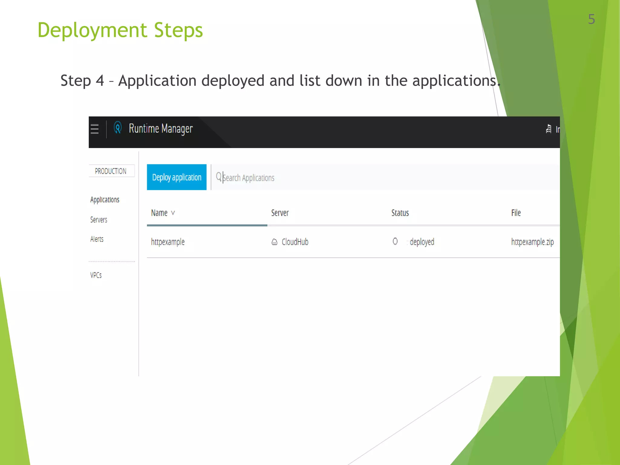 Deployment Steps
Step 4 – Application deployed and list down in the applications.
5
 