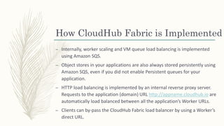How CloudHub Fabric is Implemented
– Internally, worker scaling and VM queue load balancing is implemented
using Amazon SQS.
– Object stores in your applications are also always stored persistently using
Amazon SQS, even if you did not enable Persistent queues for your
application.
– HTTP load balancing is implemented by an internal reverse proxy server.
Requests to the application (domain) URL http://appname.cloudhub.io are
automatically load balanced between all the application’s Worker URLs.
– Clients can by-pass the CloudHub Fabric load balancer by using a Worker’s
direct URL.
 