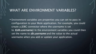 WHAT ARE ENVIRONMENT VARIABLES?
• Environment variables are properties you can set to pass in
configuration to your Mule application. For example, you could
create a JDBC connector where the username is set
to ${db.username}. In the environment variables you could then
set the name to db.username and the value to the actual
username when you add or update your application.
 