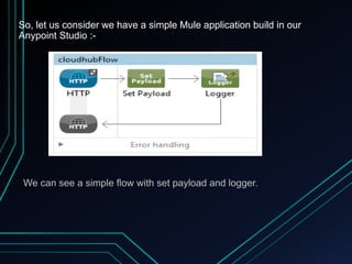 So, let us consider we have a simple Mule application build in our
Anypoint Studio :-
 